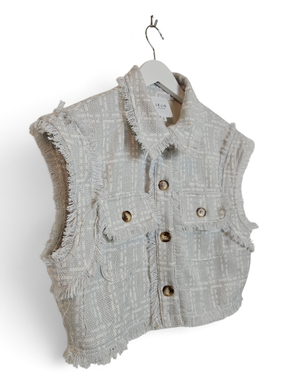 Le Lis Cropped Tweed Vest Size S Fringe Raw Hem Button Front Preppy Chic Top Y2K